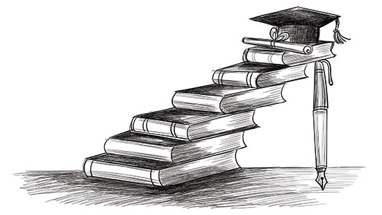 Books stacked up, leading to credentials.